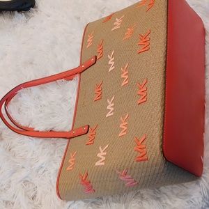 NWT Michael Kors Carter Straw and Pink Leather Large MK Logo Tote Bag Purse